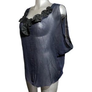 Jonathan Martin Fairy Goth Blue Dolman Top Blouse Floral Ruffle Neckline Elegant